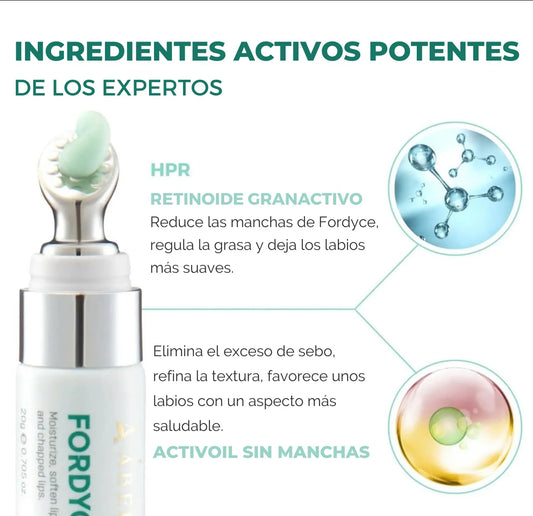 Ingredientes activos de Abera Fordyce Cream incluyendo HPR Retinoide Granactivo y Activoil Sin Manchas para reducir las manchas de Fordyce en los labios