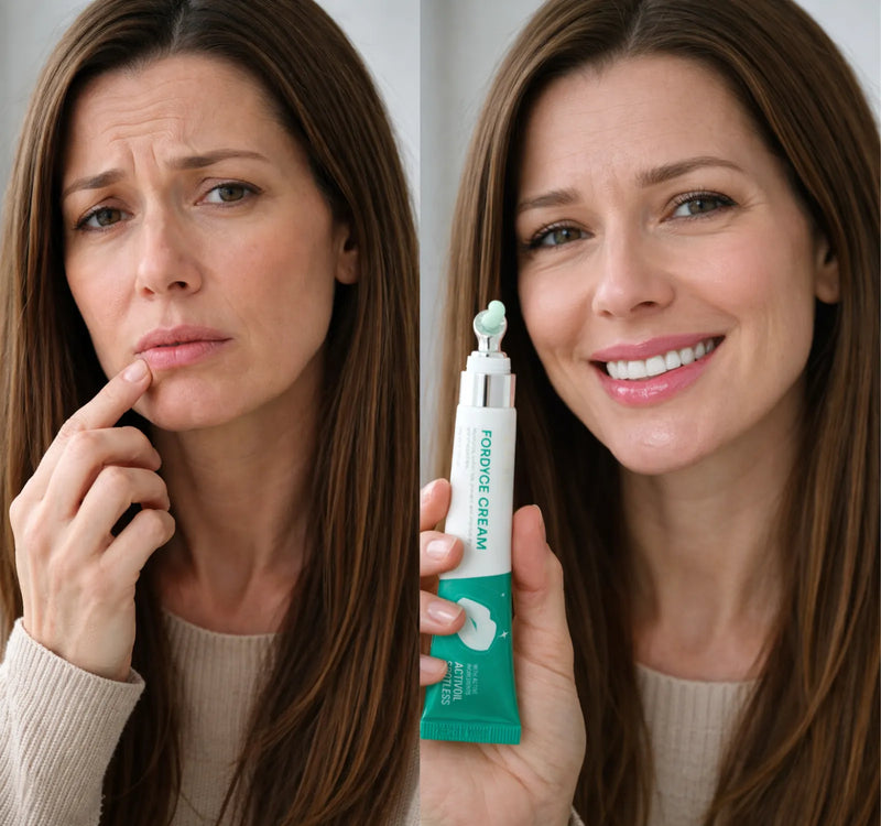 Comparación de labios antes y después usando Abera Fordyce Cream en mujer con resultados visibles