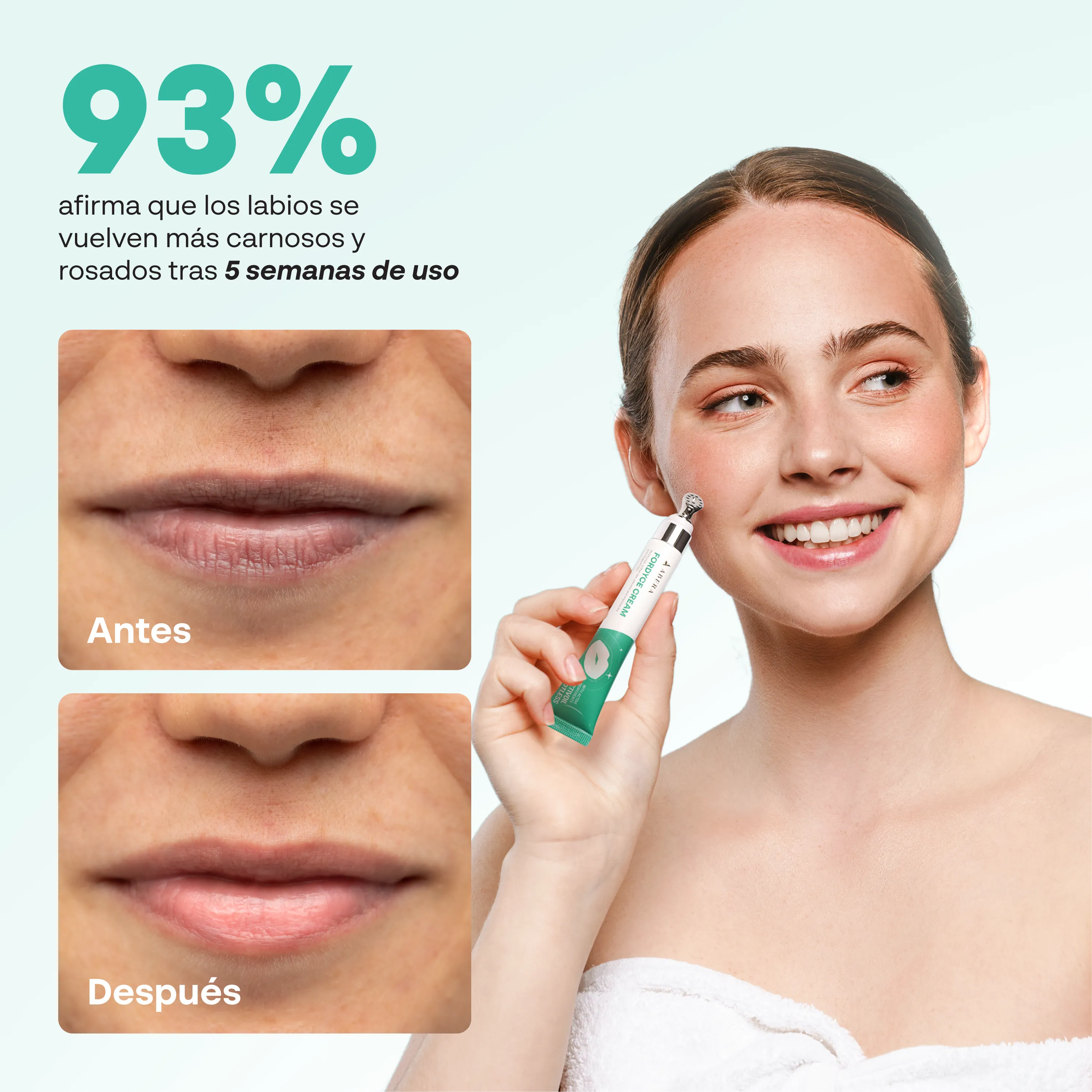Resultados antes y después de usar la crema Abera Fordyce para labios más suaves y rosados