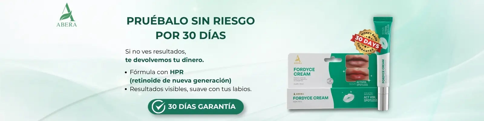Prueba Abera Fordyce Cream sin riesgo por 30 días, tratamiento con HPR para manchas de Fordyce, labios más suaves e hidratados