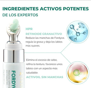 Ingredientes activos de Abera Fordyce Cream incluyendo HPR Retinoide Granactivo y Activoil Sin Manchas para reducir las manchas de Fordyce en los labios