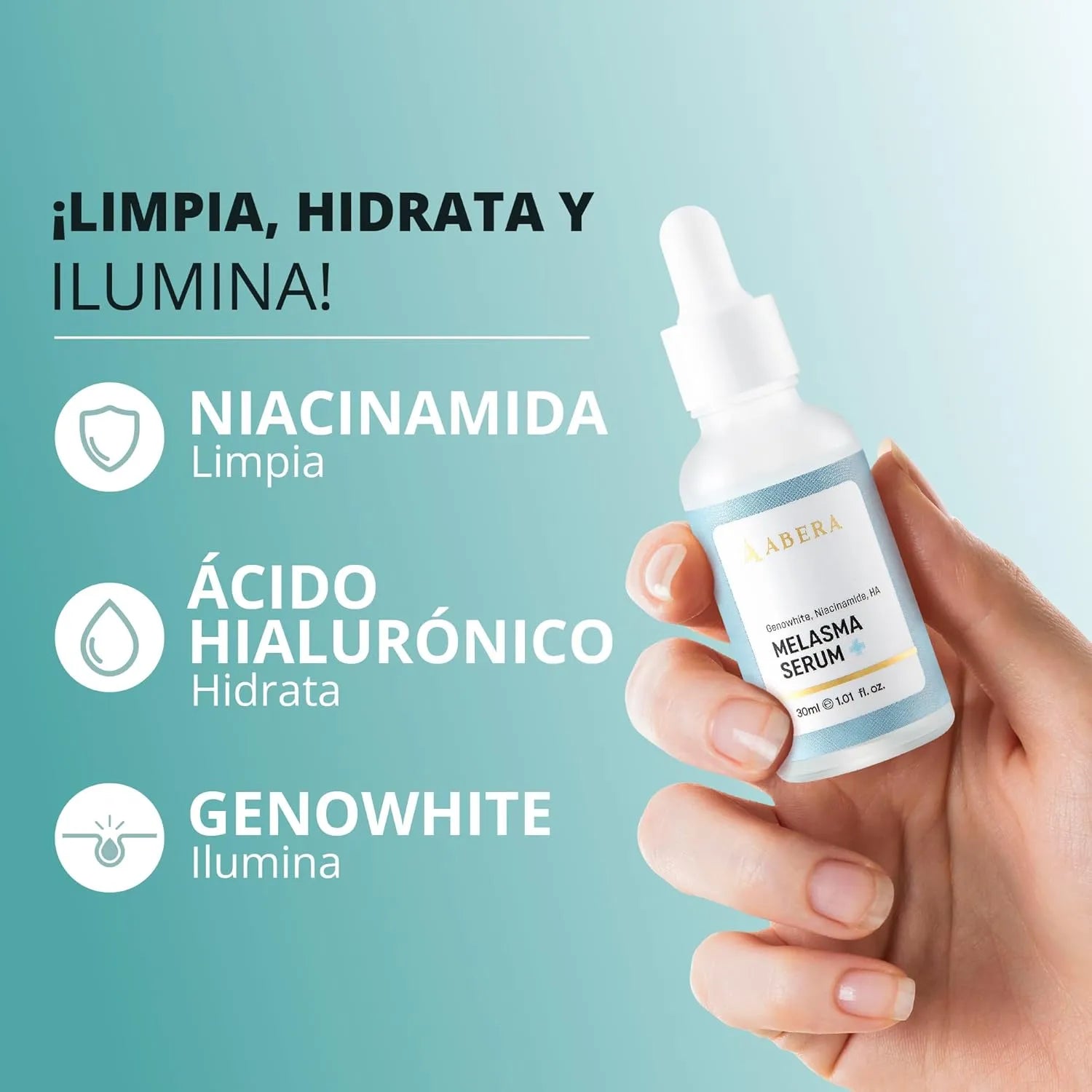 Ingredientes activos del suero para melasma Abera como niacinamida y ácido hialurónico